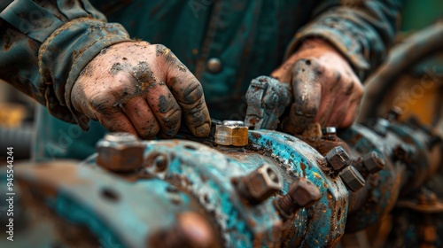 a mechanic's hands tightening bolts on a piece of farm machinery, focusing on the tools and techniques used.