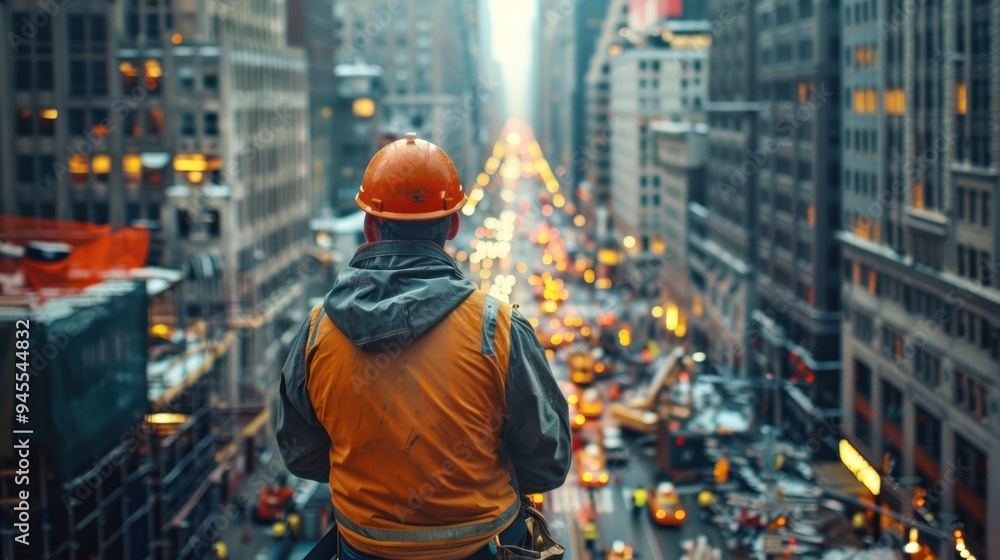 a construction engineer standing on a scaffold, overseeing the progress of a high-rise building project, highlighting the scope and scale of modern construction. a construction engineer standing on a scaffold, overseeing the progress of a high-rise building project, highlighting the scope and scale of modern construction.