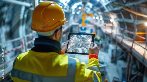 a construction engineer using a tablet to inspect a construction site, showcasing modern technology integration in construction management.