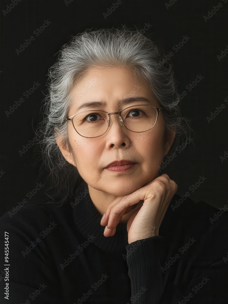 An elderly woman showcases her wisdom and serenity, gazing thoughtfully with a gentle smile, her silver hair elegantly styled against a dark backdrop. Generative AI An elderly woman showcases her wisdom and serenity, gazing thoughtfully with a gentle smile, her silver hair elegantly styled against a dark backdrop. Generative AI