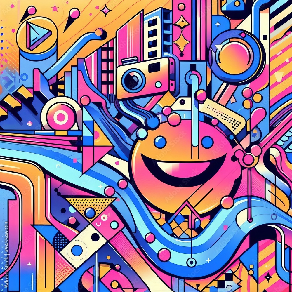 Cool Abstract Groovy Background. Trendy Y2k Geometric Collage Illustration. Smile Poster Art 2 Cool Abstract Groovy Background. Trendy Y2k Geometric Collage Illustration. Smile Poster Art 2