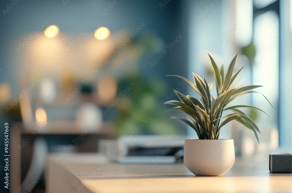 A Small Green Plant in a White Pot on a Desk A Small Green Plant in a White Pot on a Desk