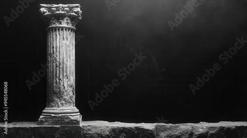 solitary doric column bathed in dramatic chiaroscuro lighting against pure white backdrop symbolizing classical beauty and architectural legacy photo