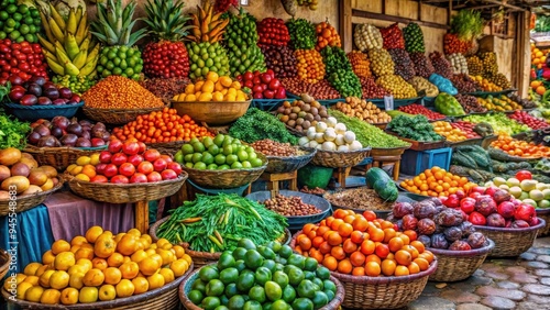 Vibrant African market with colorful fruits and vegetables , market, Africa, vibrant, colors, fruits, vegetables, variety