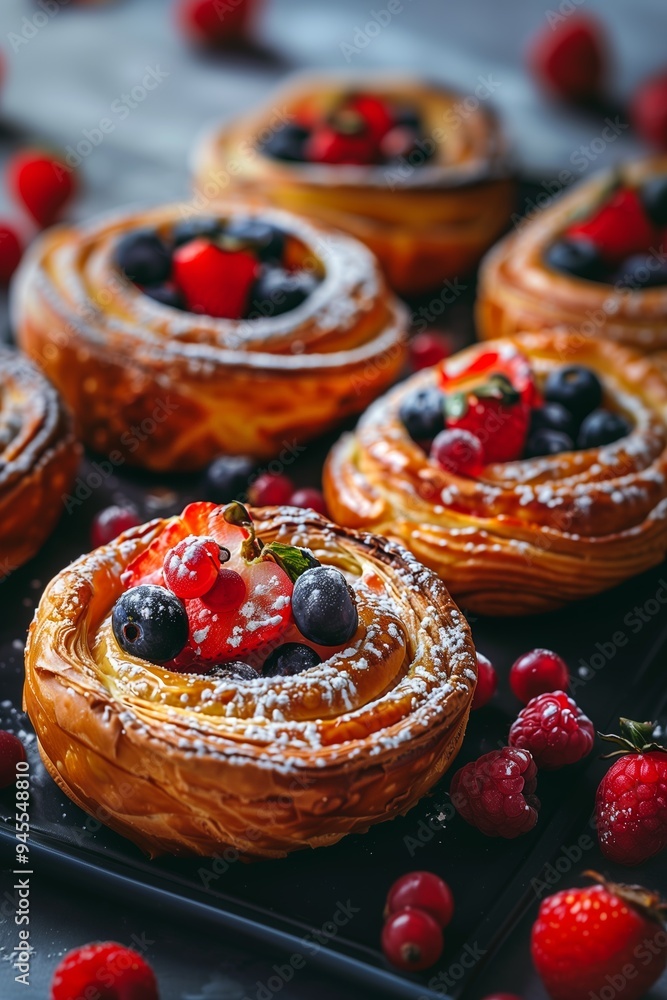 Freshly baked fruit pastries arranged on a dark surface with raspberries and blueberries during a bright morning Freshly baked fruit pastries arranged on a dark surface with raspberries and blueberries during a bright morning