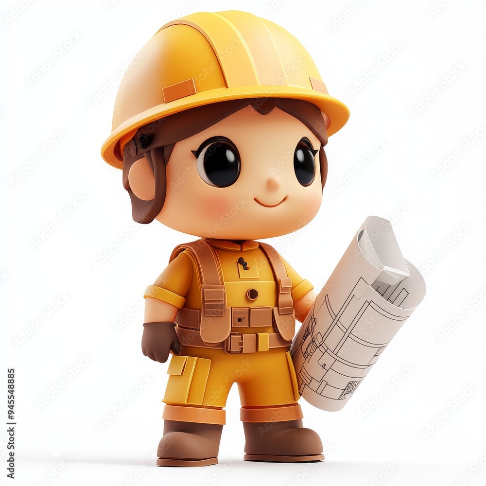 Cute Cartoon Construction Worker Holding Blueprint Cute Cartoon Construction Worker Holding Blueprint