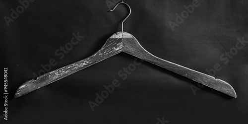 A simple wooden clothes hanger on a gray background, in black and white photo