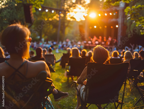 Crowd of people dancing and enjoying live music outdoors during a summer concert in park.