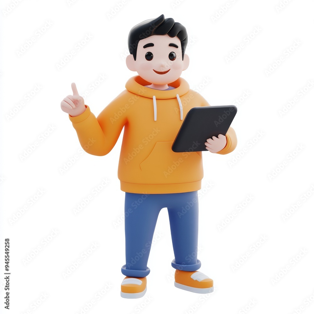 Animated 3D illustration of a smiling Asian male guy holding a tablet while pointing in a particular direction. Cute cartoon of a smiling attractive businessman using social networking. Animated 3D illustration of a smiling Asian male guy holding a tablet while pointing in a particular direction. Cute cartoon of a smiling attractive businessman using social networking.