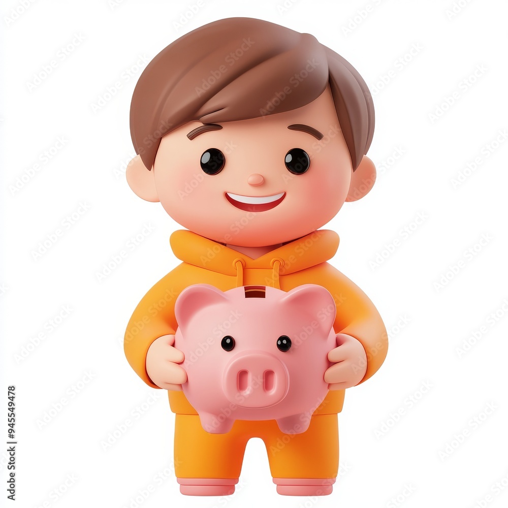 CG illustration of smiling businessman Qadir putting coins into a pink piggybank. CG illustration of smiling businessman Qadir putting coins into a pink piggybank.