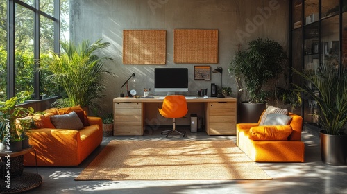 Modern home office setup with ergonomic furniture, high-speed internet, and a stylish desk, showcasing a productive and comfortable remote work environment  photo