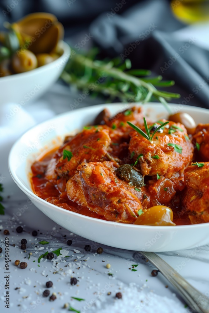 Delicious slow-cooked chicken in a savory tomato sauce with olives and herbs served on a white plate Delicious slow-cooked chicken in a savory tomato sauce with olives and herbs served on a white plate