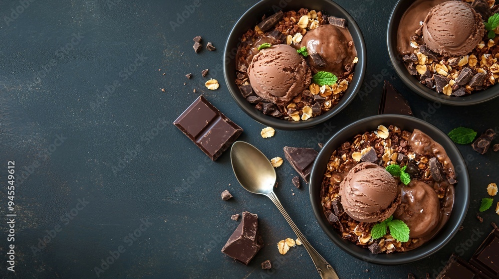 Indulgent Coffee Break with Chocolate Cake and Ice Cream on Dark Background - Flat Lay Top View with Copy Space Indulgent Coffee Break with Chocolate Cake and Ice Cream on Dark Background - Flat Lay Top View with Copy Space