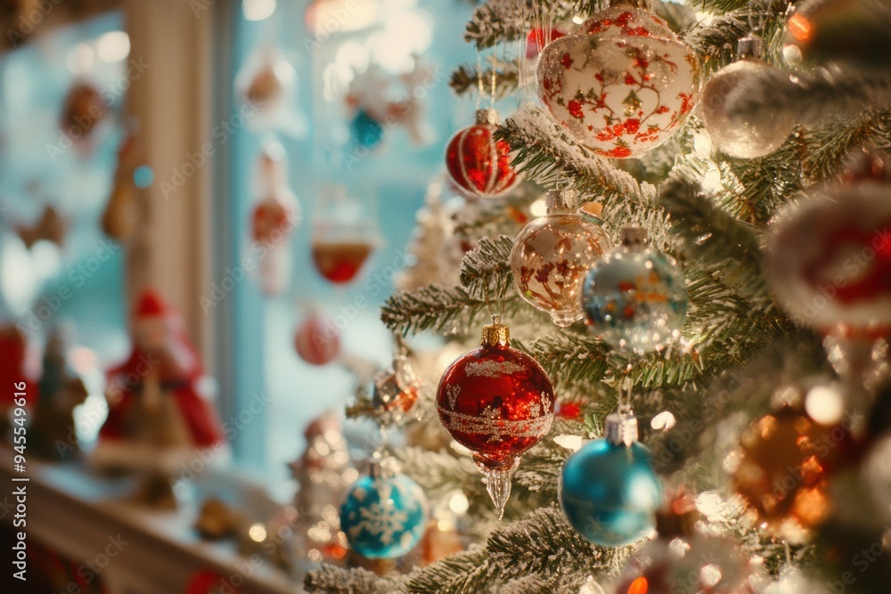 A close-up view of various colorful Christmas tree ornaments, including hand-painted glass baubles A close-up view of various colorful Christmas tree ornaments, including hand-painted glass baubles