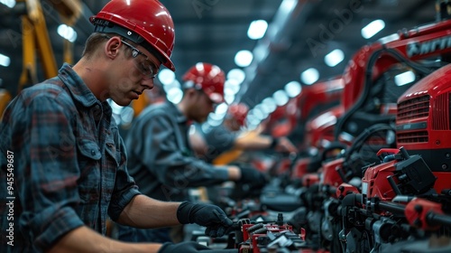 a team of mechanics working on a variety of farming machines in a large, organized repair shop, demonstrating teamwork and efficiency.