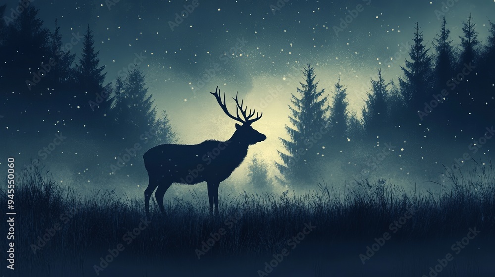 A majestic deer stands in a misty forest during a gentle snowfall at dusk A majestic deer stands in a misty forest during a gentle snowfall at dusk