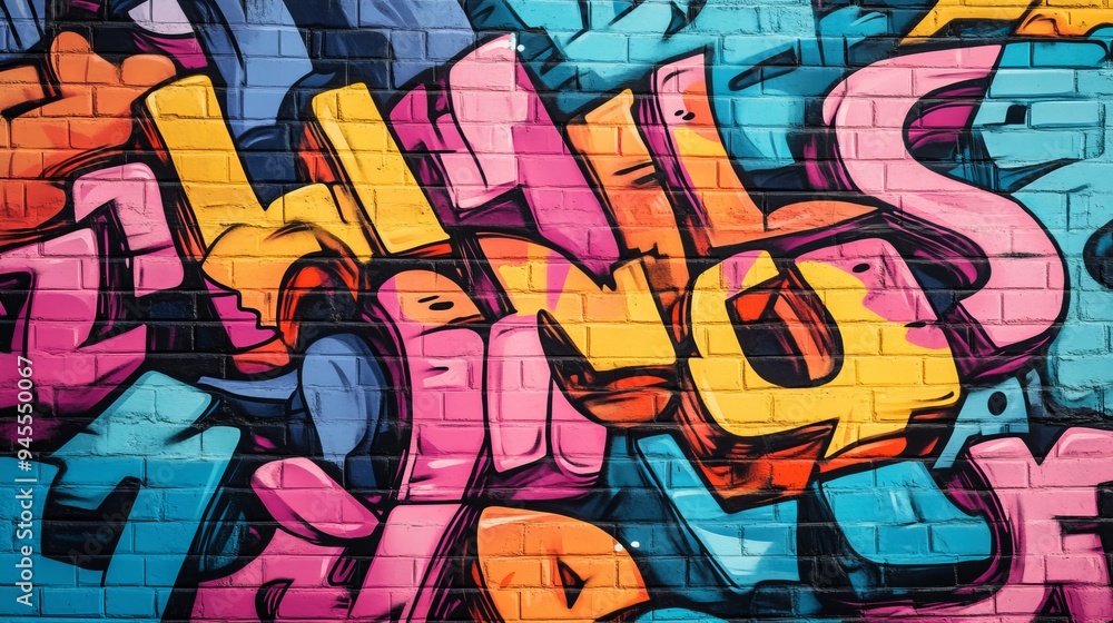 Vivid street art mural featuring colorful graffiti on a brick wall Vivid street art mural featuring colorful graffiti on a brick wall