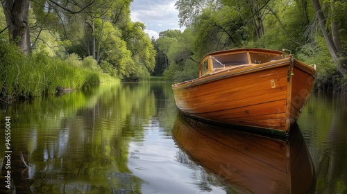 a vintage wooden fishing boat docked on a calm river, surrounded by lush greenery and reflecting the heritage of Western fishing traditions.