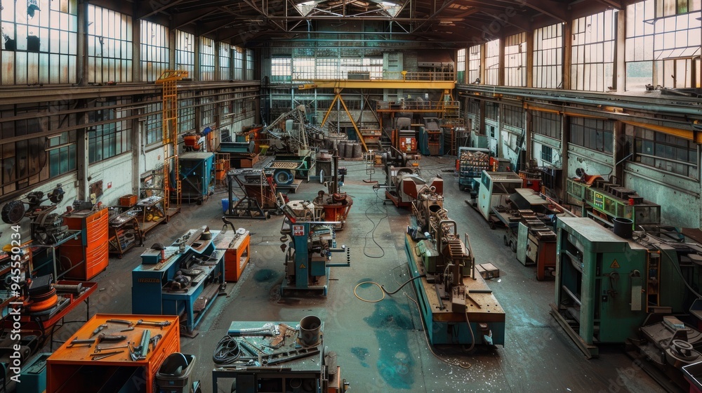 a wide-angle view of a workshop dedicated to agricultural machinery repair, with various machines and tools neatly arranged and mechanics hard at work. a wide-angle view of a workshop dedicated to agricultural machinery repair, with various machines and tools neatly arranged and mechanics hard at work.