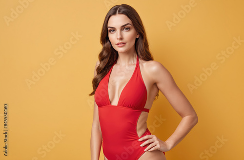 A woman poses in a red swimsuit against a yellow backdrop