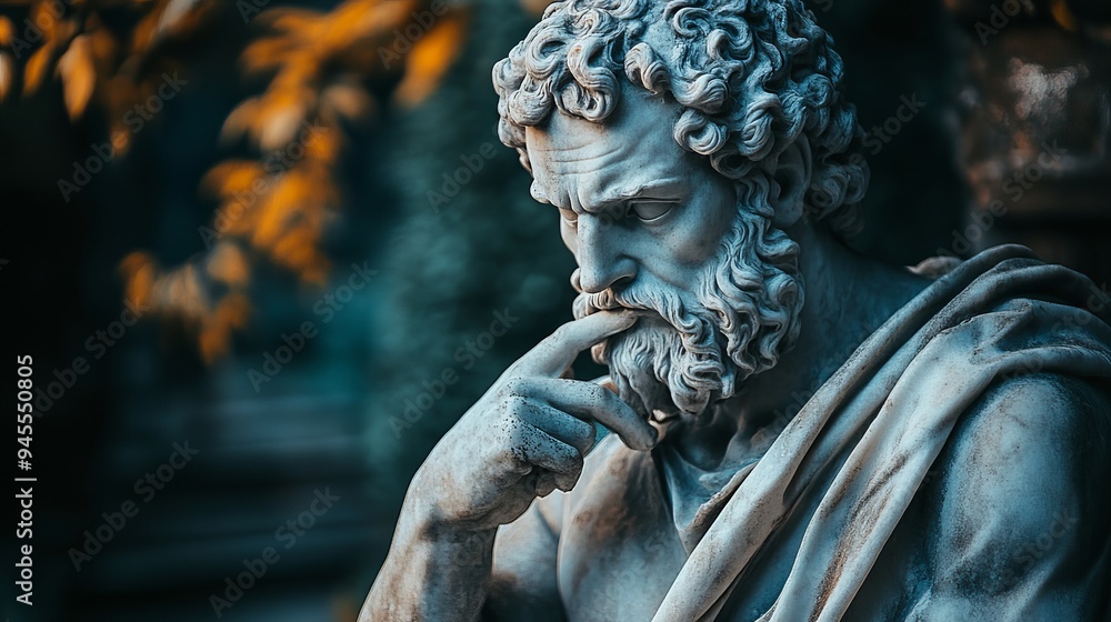 Thoughtful marble statue of a philosopher in a serene garden setting Thoughtful marble statue of a philosopher in a serene garden setting