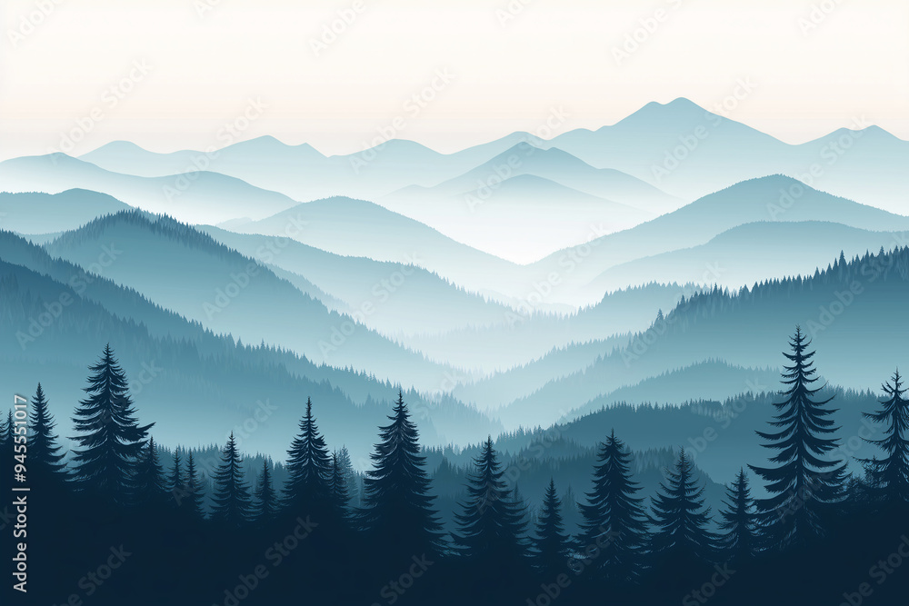 Obraz premium silhouette of a mountain range with pine trees, nature vector landscape