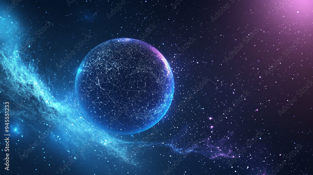 Abstract depiction of a planet in space, represented as a starry sky or cosmic scene. Composed of points, lines, and shapes forming planets, stars, and the universe. Vector illustration with a busines Abstract depiction of a planet in space, represented as a starry sky or cosmic scene. Composed of points, lines, and shapes forming planets, stars, and the universe. Vector illustration with a busines