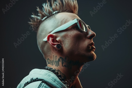 a man with a mohawk and sunglasses on his head photo