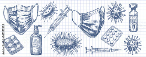 Medical items and viruses. Vector illustrations of various medical items such as masks, syringes, pills, antiseptic and viruses, hand-drawn