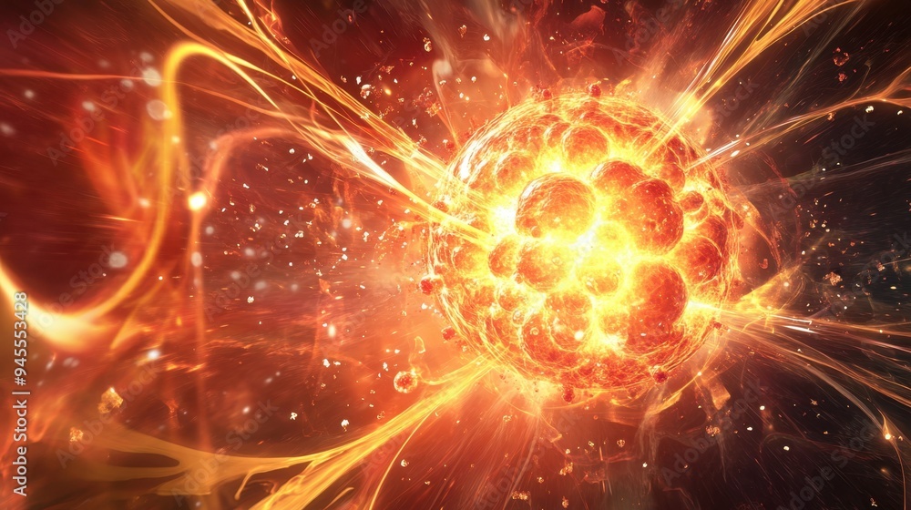 Scientific depiction of atomic fission with particles dispersing and energy waves radiating, illustrating a nuclear reaction. Scientific depiction of atomic fission with particles dispersing and energy waves radiating, illustrating a nuclear reaction.
