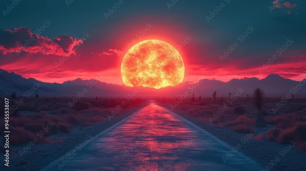 surreal desert highway stretching towards a vibrant otherworldly horizon bold colors and geometric elements blend reality and imagination in a captivating digital landscape