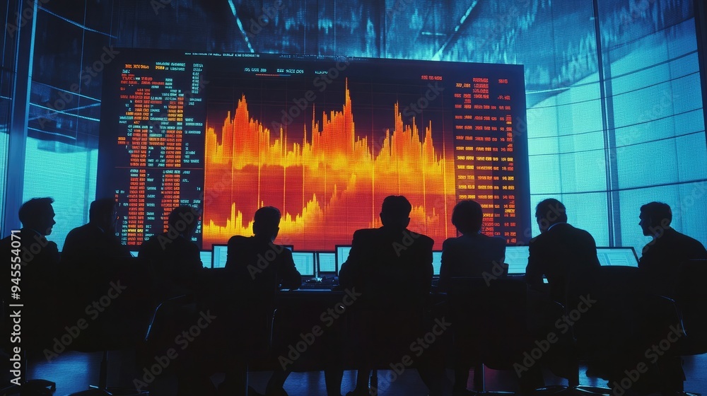 A group of investors analyzing stock market trends on a large screen A group of investors analyzing stock market trends on a large screen