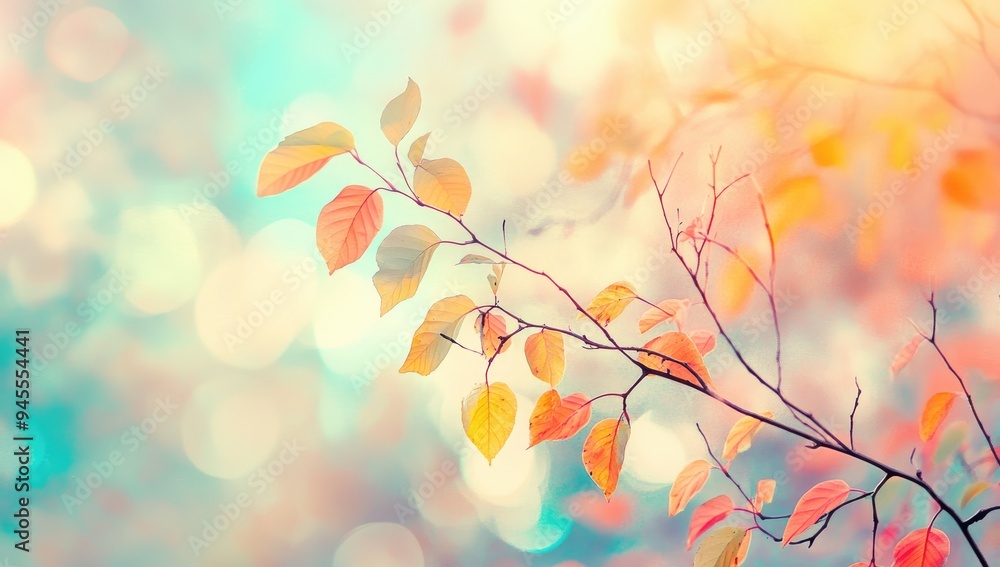 Colorful Autumn Leaves on Tree Branch Against Softly Blurred Blue Sky, Serene Landscape with Seasonal Beauty Colorful Autumn Leaves on Tree Branch Against Softly Blurred Blue Sky, Serene Landscape with Seasonal Beauty