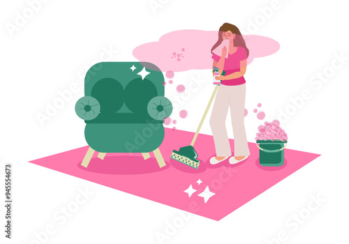 Young woman cleaning the house and suffering from household allergies, she has a runny nose and tears from dust and cleaning products. Housewife standing on the carpet with a handkerchief, with a mop 
