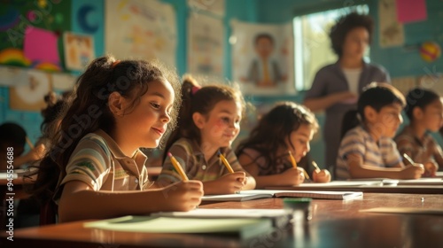 In a classroom, a group of happy children are sitting at their desks