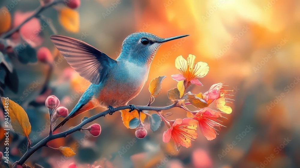 Naklejka premium surreal digital painting of iridescent hummingbird midflight approaching exotic neon flower dreamlike background hyperdetailed feathers