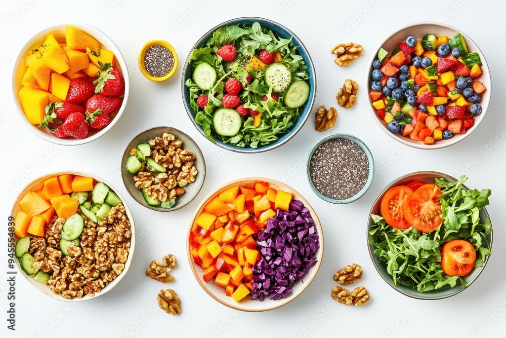 A vibrant assortment of fresh fruits and salads in various bowls, promoting healthy eating. A vibrant assortment of fresh fruits and salads in various bowls, promoting healthy eating.