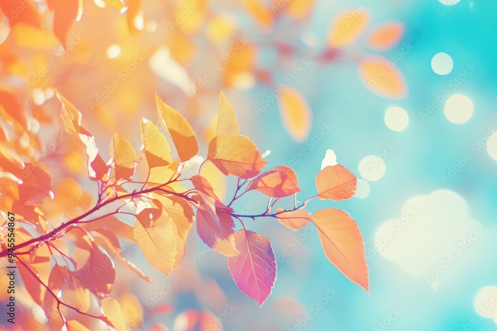 Colorful Autumn Leaves on Tree Branch Against Softly Blurred Blue Sky, Serene Landscape with Seasonal Beauty Colorful Autumn Leaves on Tree Branch Against Softly Blurred Blue Sky, Serene Landscape with Seasonal Beauty