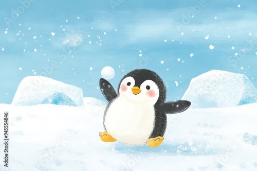 Storybook style illustration of a penguin sliding down an icy slope with a snowball in its flipper, polar backdrop with icebergs, kids' picture book style illustration, for kids books, nursery