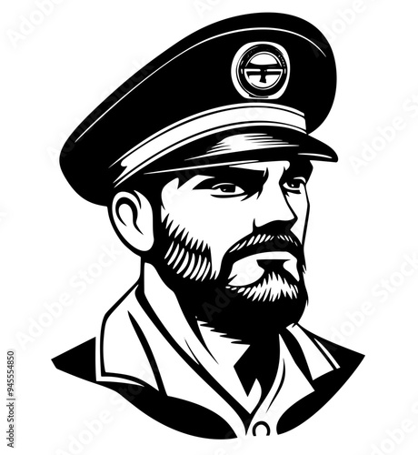 Vintage monochrome marine label with seaman in sailor captain. Bearded ship captain peaked cap for marine nautical logo design for sailor	