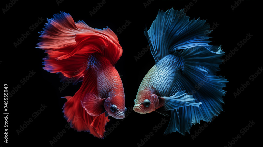 Red and Blue Siamese Fighting Fish Tail Fins Isolated on Black Background Red and Blue Siamese Fighting Fish Tail Fins Isolated on Black Background