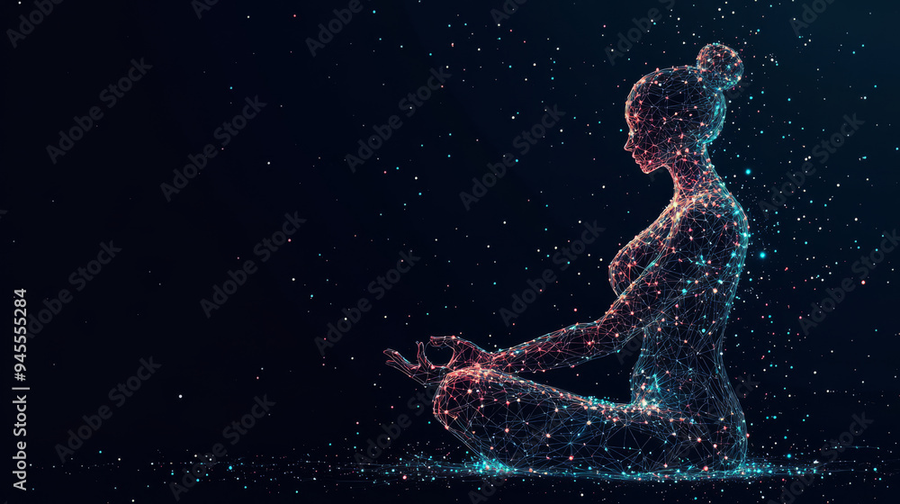 This abstract image portrays a woman yogi sitting in the lotus pose, formed by an intricate constellation of points, lines, and shapes. The figure appears as though it is composed of the night sky. This abstract image portrays a woman yogi sitting in the lotus pose, formed by an intricate constellation of points, lines, and shapes. The figure appears as though it is composed of the night sky.