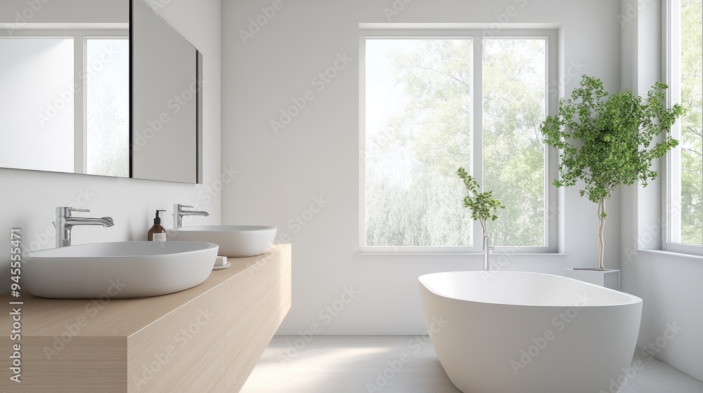 Sleek minimalist bathroom design with double sinks, crisp lines, and a neutral palette, evoking clean and modern aesthetics. Sleek minimalist bathroom design with double sinks, crisp lines, and a neutral palette, evoking clean and modern aesthetics.