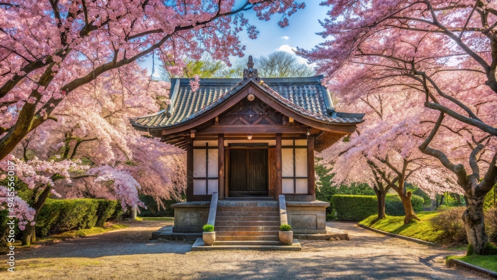 Secluded shrine surrounded by cherry blossoms in a peaceful setting, cherry blossoms, canopy, shrine, sanctuary, peace, tranquil Secluded shrine surrounded by cherry blossoms in a peaceful setting, cherry blossoms, canopy, shrine, sanctuary, peace, tranquil