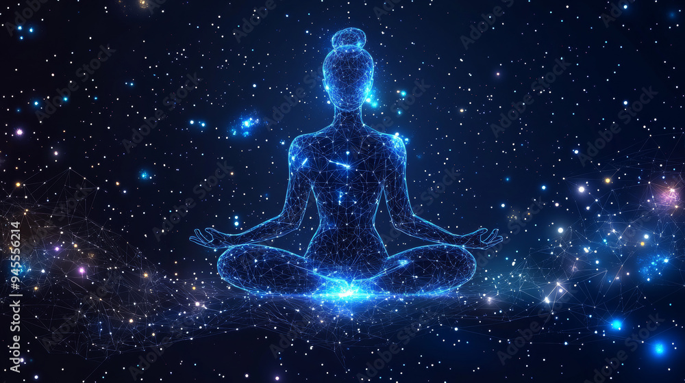 This abstract image portrays a woman yogi sitting in the lotus pose, formed by an intricate constellation of points, lines, and shapes. The figure appears as though it is composed of the night sky. This abstract image portrays a woman yogi sitting in the lotus pose, formed by an intricate constellation of points, lines, and shapes. The figure appears as though it is composed of the night sky.