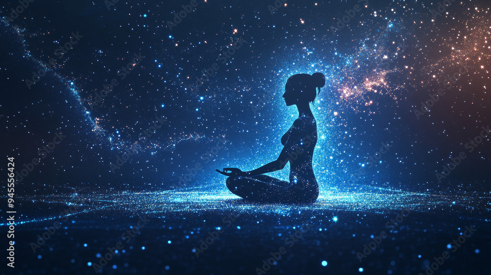 This abstract image portrays a woman yogi sitting in the lotus pose, formed by an intricate constellation of points, lines, and shapes. The figure appears as though it is composed of the night sky. This abstract image portrays a woman yogi sitting in the lotus pose, formed by an intricate constellation of points, lines, and shapes. The figure appears as though it is composed of the night sky.