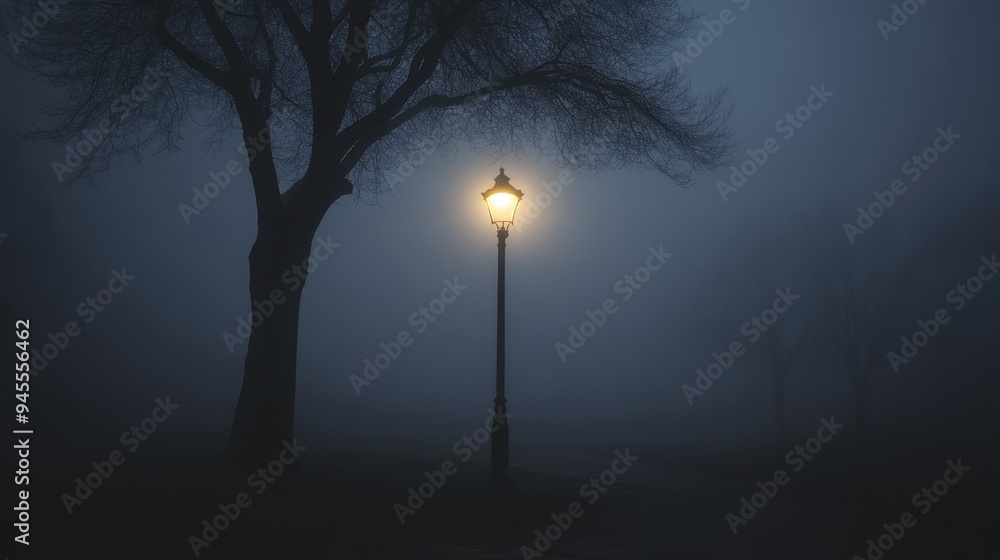 Solitary street light glowing faintly through dense fog, creating a moody, atmospheric scene of quiet isolation. Solitary street light glowing faintly through dense fog, creating a moody, atmospheric scene of quiet isolation.