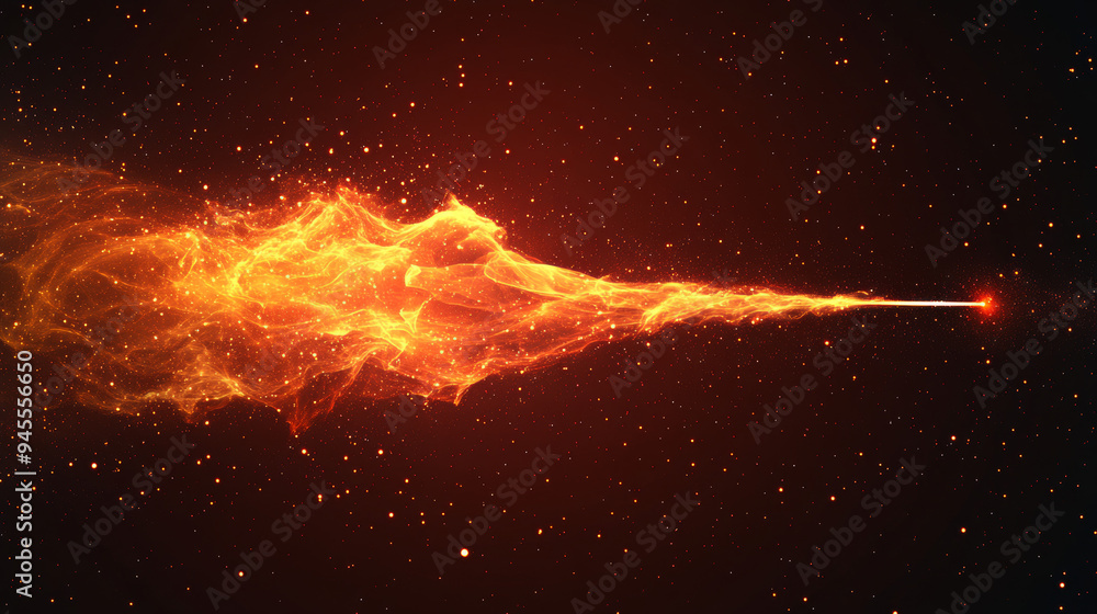 Abstract mesh of lines and points illustrating a bullet in a flames style, set against a dark background with an inscription. Represents business net speed within a starry sky or cosmic environment. Abstract mesh of lines and points illustrating a bullet in a flames style, set against a dark background with an inscription. Represents business net speed within a starry sky or cosmic environment.