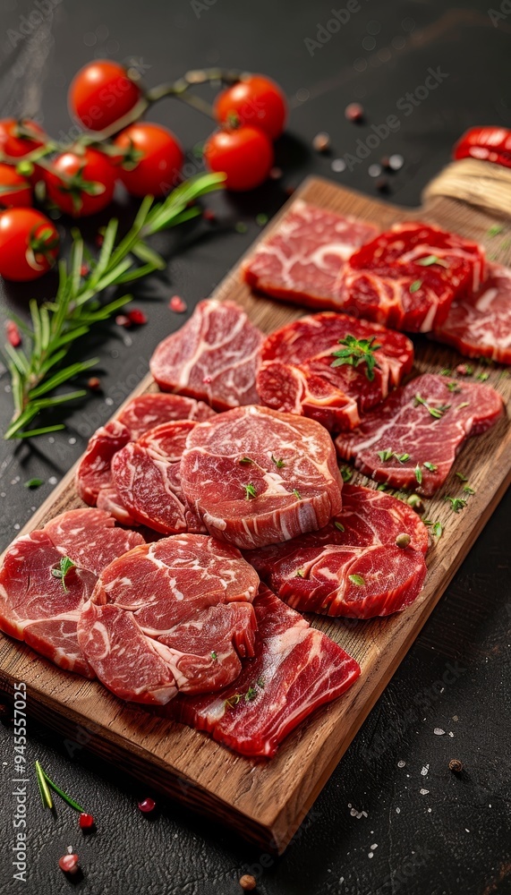 Variety of Raw Beef Cuts for BBQ. Raw Beef Steaks with Spices on Wooden Chopping Board. Variety of Raw Beef Cuts for BBQ. Raw Beef Steaks with Spices on Wooden Chopping Board.
