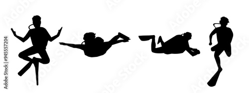 Vector set silhouette of Snorkeling, free diving, Isolated background. Vector illustration.